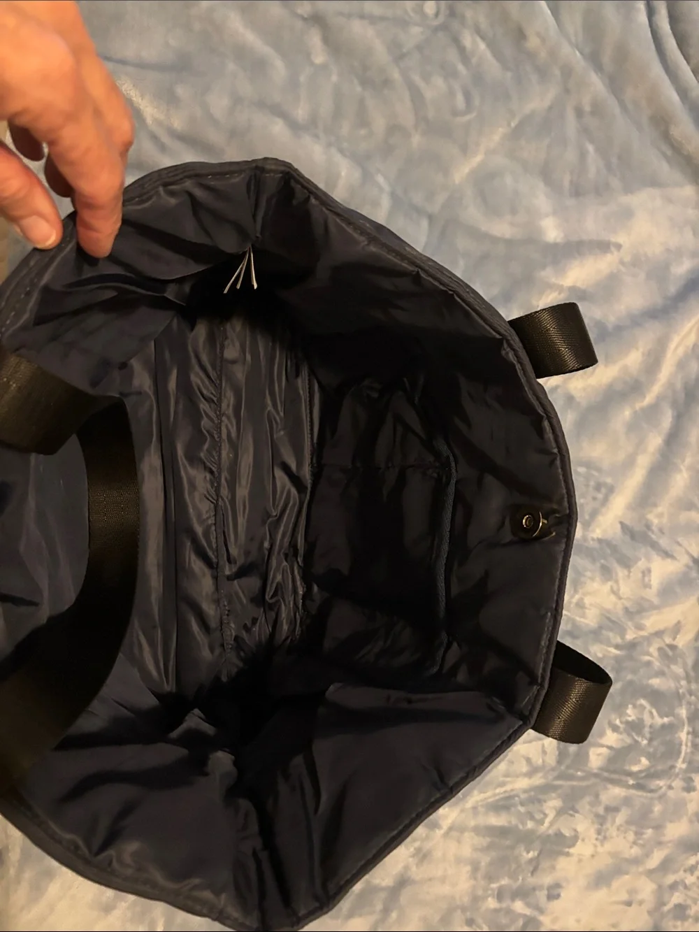 J. Crew Navy Quilted Nylon Shoulder Tote with Black Straps